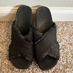 Aerosolss Madina Comfortable Crisscross Black Raffia Wedge Sandals Size 7